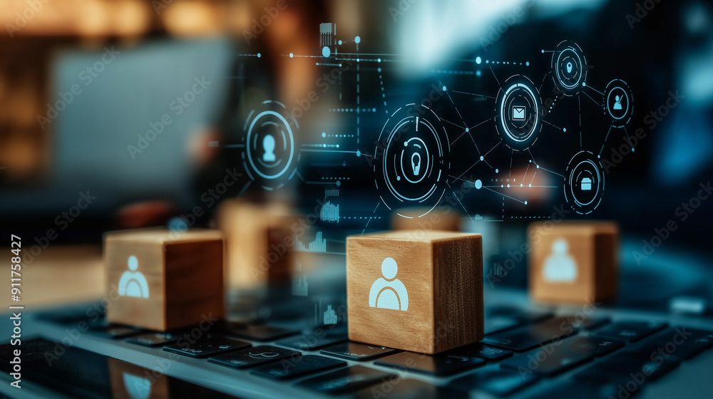 Poster modern office scene with ai-powered crm system, wooden block with a target icon connected to human i