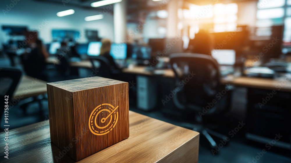Poster high-tech office with ai-driven customer service tools, wooden block with a target icon linked to hu