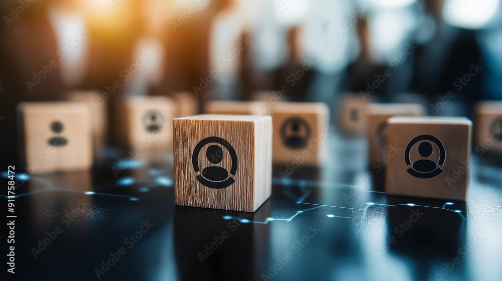 Poster ai-powered customer service strategy session, featuring a wooden block with a target icon connected 