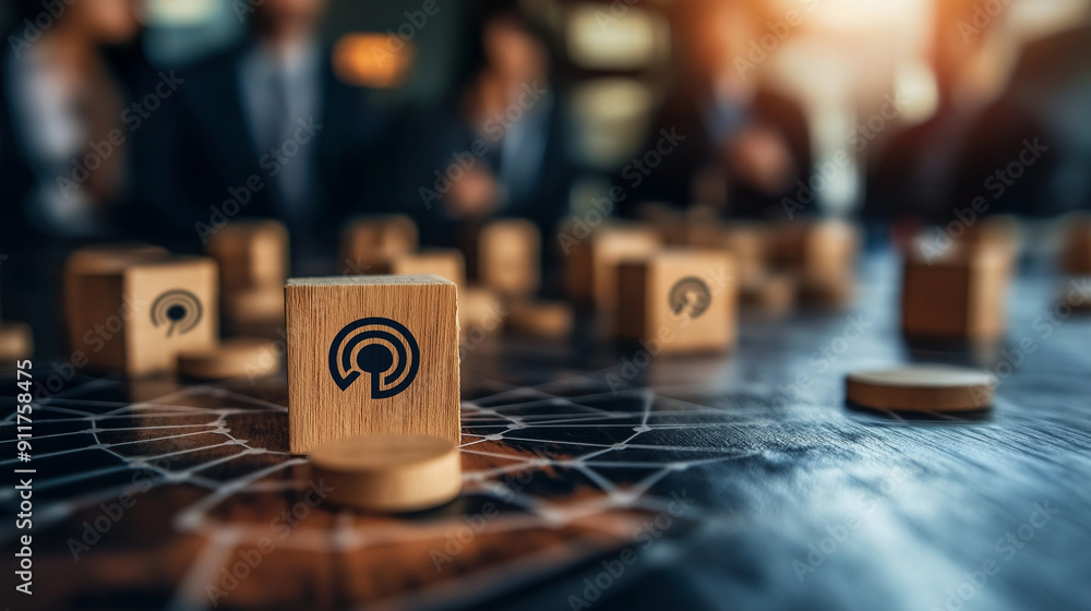 Poster business environment showcasing ai-driven crm development, wooden block with target icon and human c