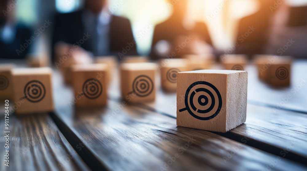 Poster ai-powered customer service strategy session, featuring a wooden block with a target icon connected 