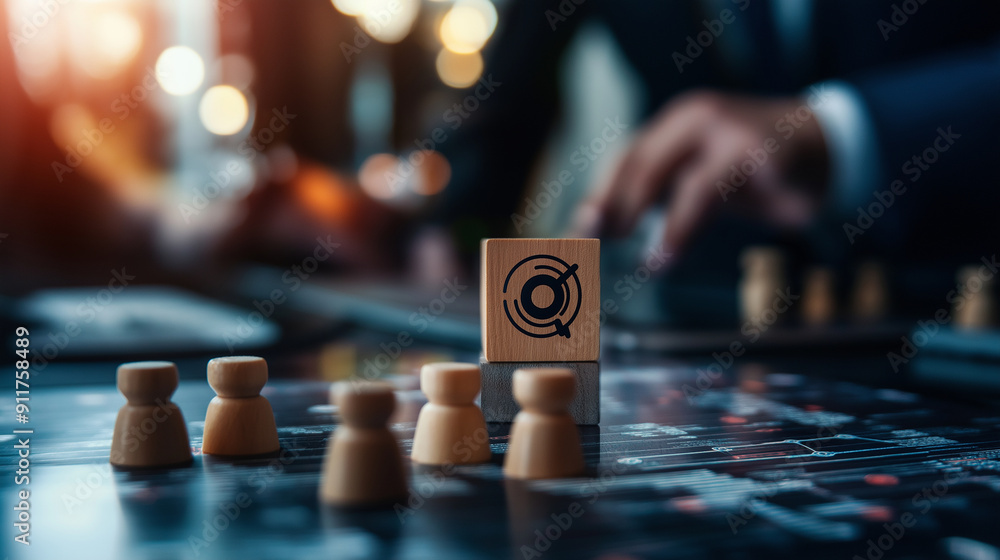 Poster business environment showcasing ai-driven crm development, wooden block with target icon and human c