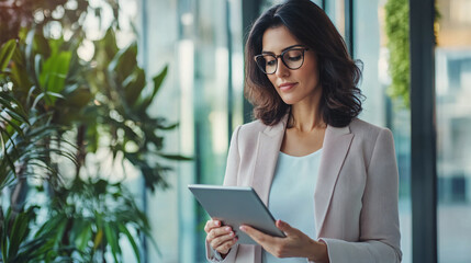 Latin Hispanic mature adult professional business woman looking at online trade app. European businesswoman CEO holding digital tablet using fintech tab application standing at workplace in office.