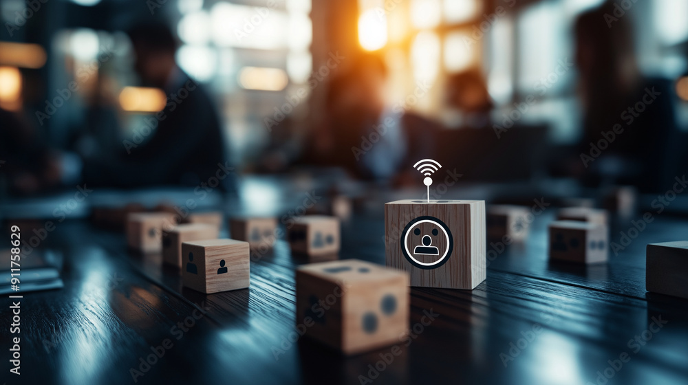 Poster modern office scene with ai-powered crm system, wooden block with a target icon linked to human icon