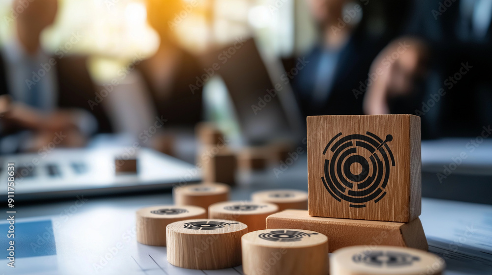 Poster modern office scene with ai-powered crm system, wooden block with a target icon linked to human icon