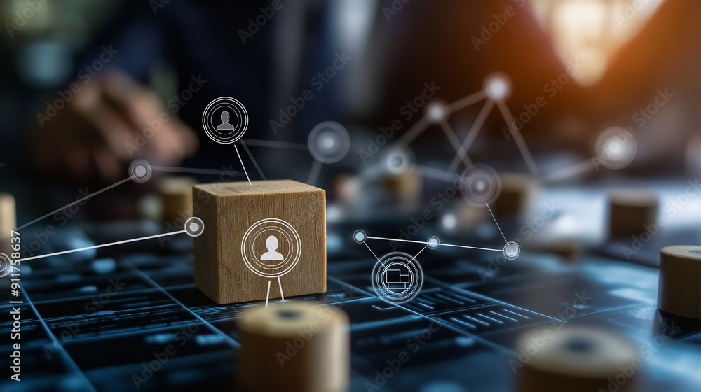 Poster high-tech environment where ai manages customer data exchange, featuring a wooden block with a targe