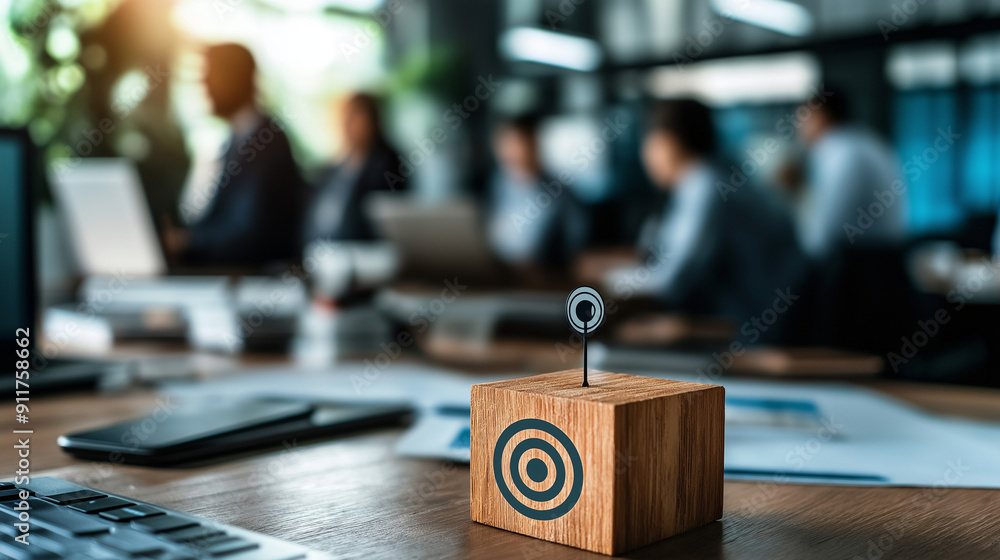 Poster high-tech office with ai-driven customer data tools, wooden block with a target icon linked to human