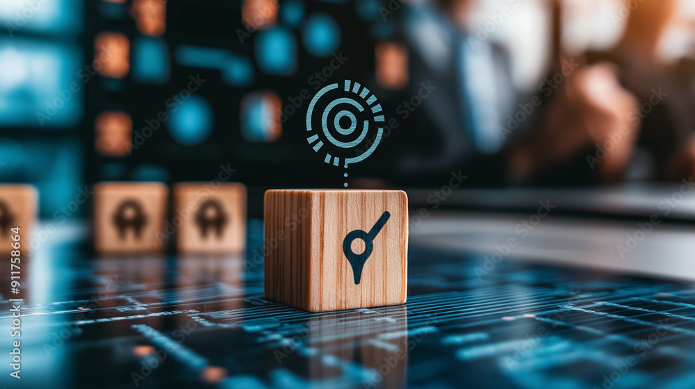 Poster high-tech office with ai-driven customer data tools, wooden block with a target icon linked to human