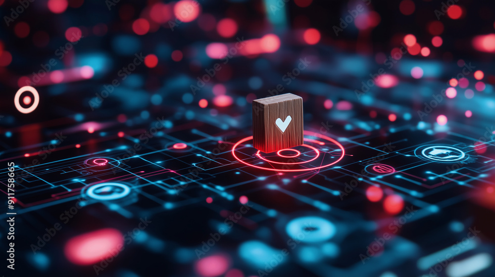 Poster ai-enhanced customer data platform in a futuristic setting, with a wooden block target icon and huma