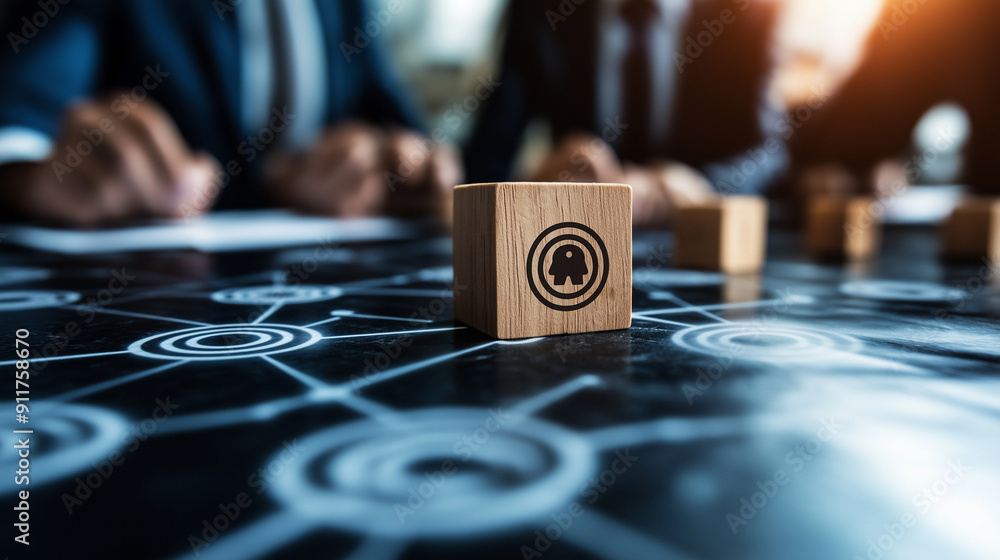 Poster ai-powered customer data exchange strategy session, featuring a wooden block with a target icon conn