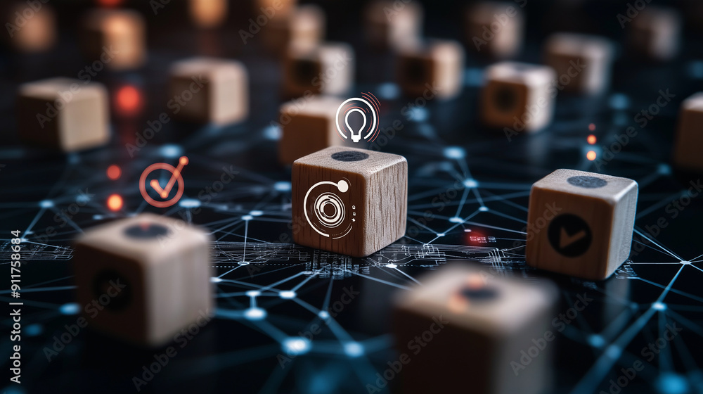 Poster business environment showcasing ai-driven customer data management, wooden block with target icon an