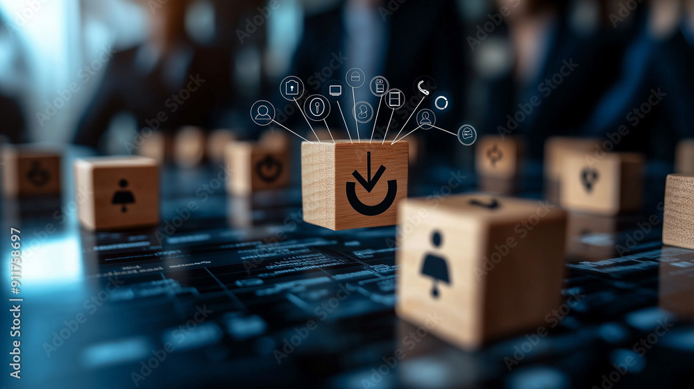 Aufkleber business environment showcasing ai-driven customer data management, wooden block with target icon an