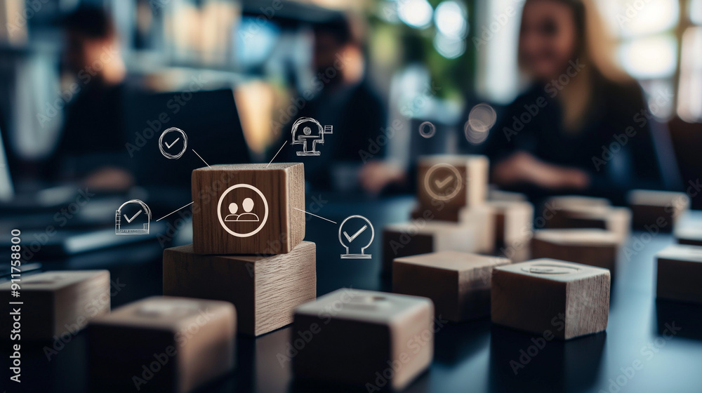 Poster collaborative office setting with ai-driven customer data exchange solutions, wooden block with a ta