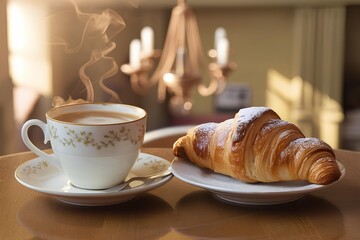 coffee and croissant hot drink breakfast delicious plate caffeine tasty and gourmet latte in morning.