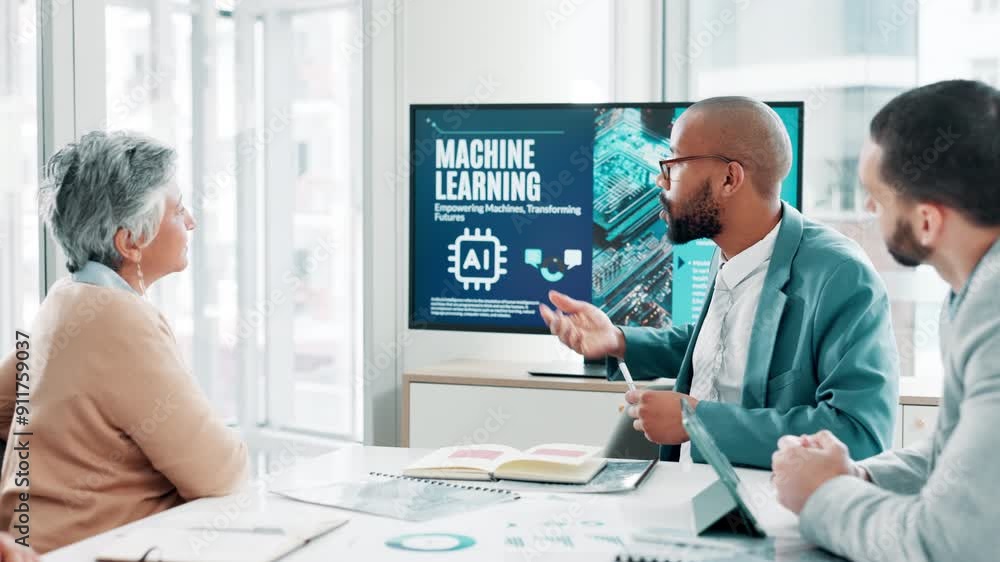 Poster Group of people, business meeting and diversity in office for project, machine learning in tech company. Team, discussion and AI training for innovation, automation or presentation with brainstorming