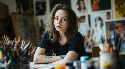 Fototapeta premium Portrait of an artist in their studio, showcasing creativity and artistic products