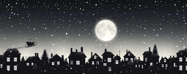 Santa's sleigh flying over snowy houses on Christmas Eve under a full moon