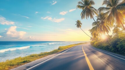 road in the tropics among palm trees and the sea
