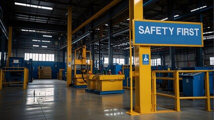 Safe warning sign, work carefully Don't do anything to cause harm. Caused by workers and machines in the production process in factories.