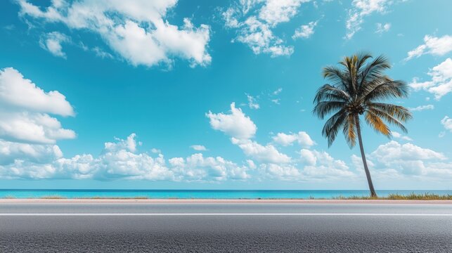 road in the tropics among palm trees and the sea