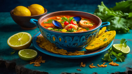 Tapado seafood soup, traditional food of Guatemala