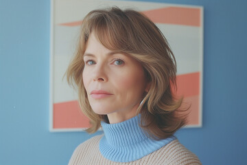 A portrait of an attractive woman in her 40s to 50s, exuding calmness and happiness while looking directly at the camera