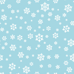 Winter seamless pattern with white snowflakes on blue background. Vector illustration for fabric, textile wallpaper, posters, gift wrapping paper. Christmas vector illustration. Falling snow