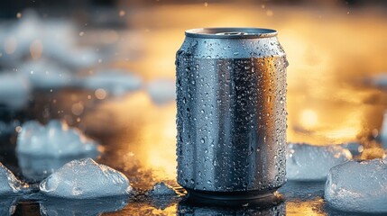 A frosty soda can sits on ice, surrounded by its shimmering reflection, promising a refreshing treat.