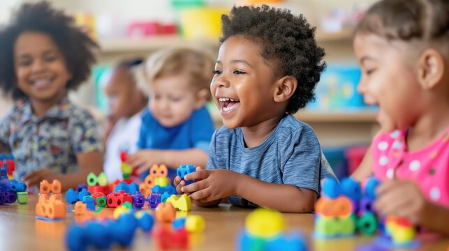 Closeup diverse little kids playing with colorful educational toys on blurred kindergarten room background