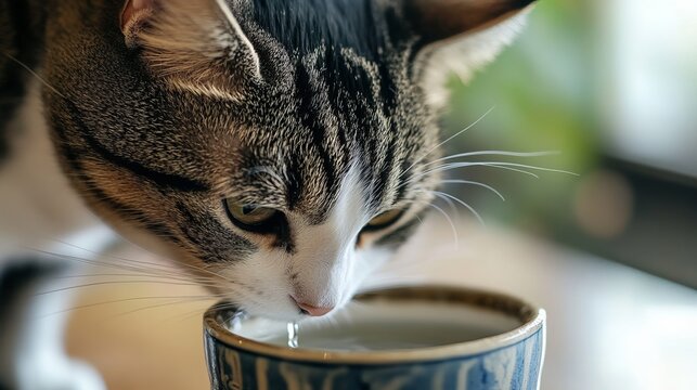 A cat quietly drinks water from a cup belonging to a visitor.