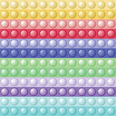 Seamless pattern with trendy game pop it, simple dimple. Rainbow fidget toy. Colorful antistress background. Doodle style. Bubbles popping square shape