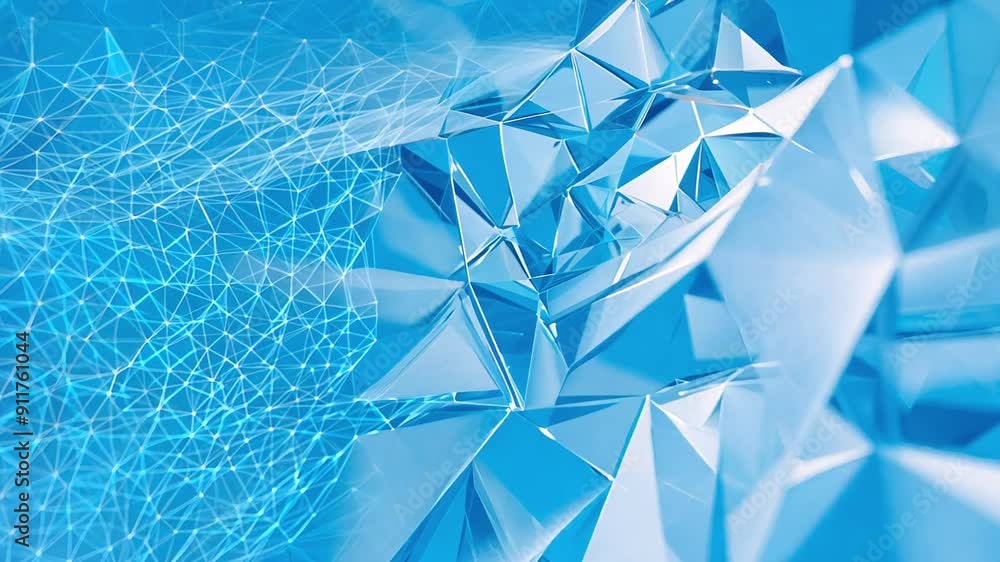 Wall mural dynamic abstract scene with blue geometric shapes and network lines, representing modern technology 