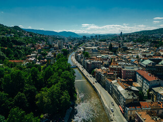 Aerial view of Sarajevo city at sunset in Bosnia and Herzegovina.