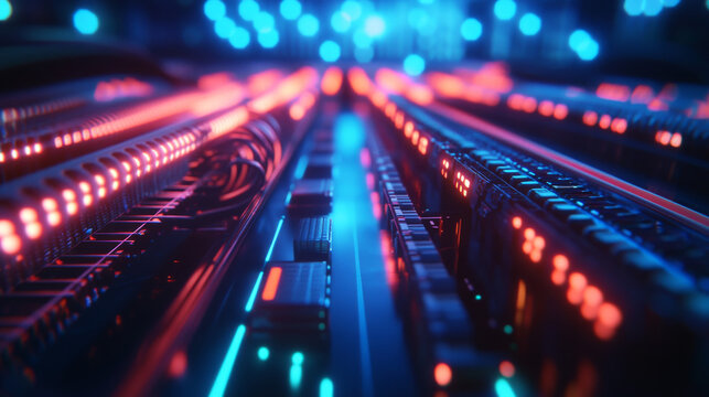 Cables carrying network data in the foreground, with fiber optic strands in the background.