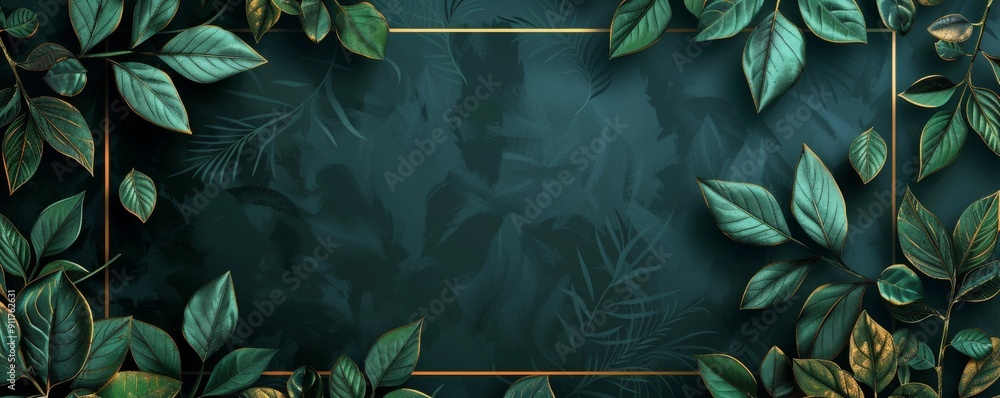 Aufkleber dark green background with an elegant empty square frame surrounded by leaves
