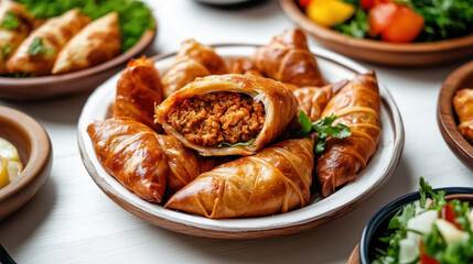 Traditional Indian food Samosa. Golden-brown, crispy pastry filled with seasoned minced meat, served on a white plate with other dishes around.