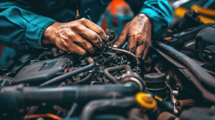 Obraz premium A mechanic's hands fixing a car engine, highlighting the intricate work and technical knowledge required