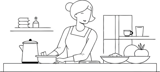 Modern Kitchen Woman Cooking Healthy Food Illustration