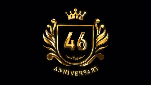 46th Anniversary Celebration. Happy 46 Years Anniversary Animation in Gold Color on the Transparent Background, Alpha Channel. Great for greetings, celebrations, events, and gifts.