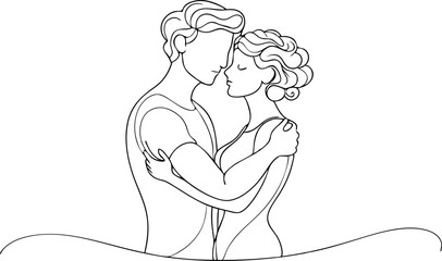 Romantic Couple Embracing Line Drawing Art Illustration