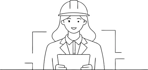Female Architect Holding Blueprint in Construction Site Line Art