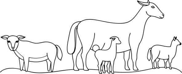 Outline Drawing of Farm Animals on White Background