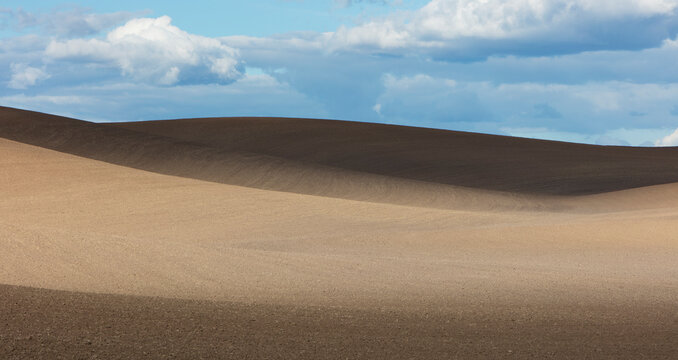 Field of tilled farmland and rolling hills at dusk