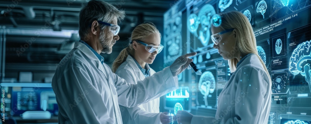 Aufkleber two scientists in white coats using virtual reality technology to analyze brain images in a futurist