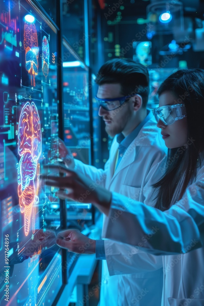 Aufkleber two scientists in white coats analyze holographic brain scan data in modern lab