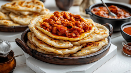 Traditional Indian food Butter Chicken on Naan. Soft naan bread topped with a rich butter chicken curry in a reddish-orange sauce, garnished with spices.