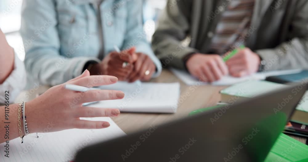 Poster Teamwork, notebook and group study with communication for elearning on laptop with virtual tutor. Education, discussion and students in online class for university test, exam or assignment together.