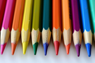 Fototapeta premium Close-up shot of a row of colorful sharpened pencils arranged in a straight line, showcasing vibrant hues and precise tips, perfect for back-to-school themes