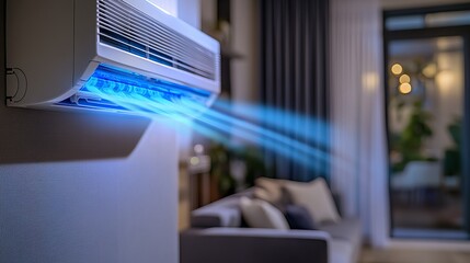 Cool air flows from an air conditioner with blue lights in a living room.
