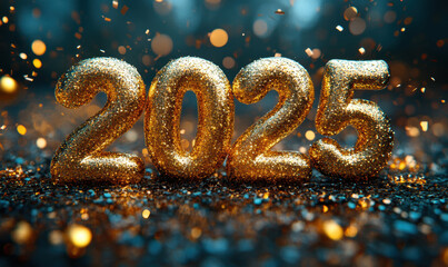 Glittering Gold 2025 Balloons with Festive Confetti on Dark Background. Happy New Year Concept.